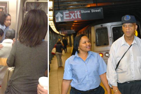 Left photograph from jorgej via Twitter; right photograph of MTA conductor Bretta Sykes and MTA train operator Tyrone Cloud courtesy NYC Transit/Felix Candelaria